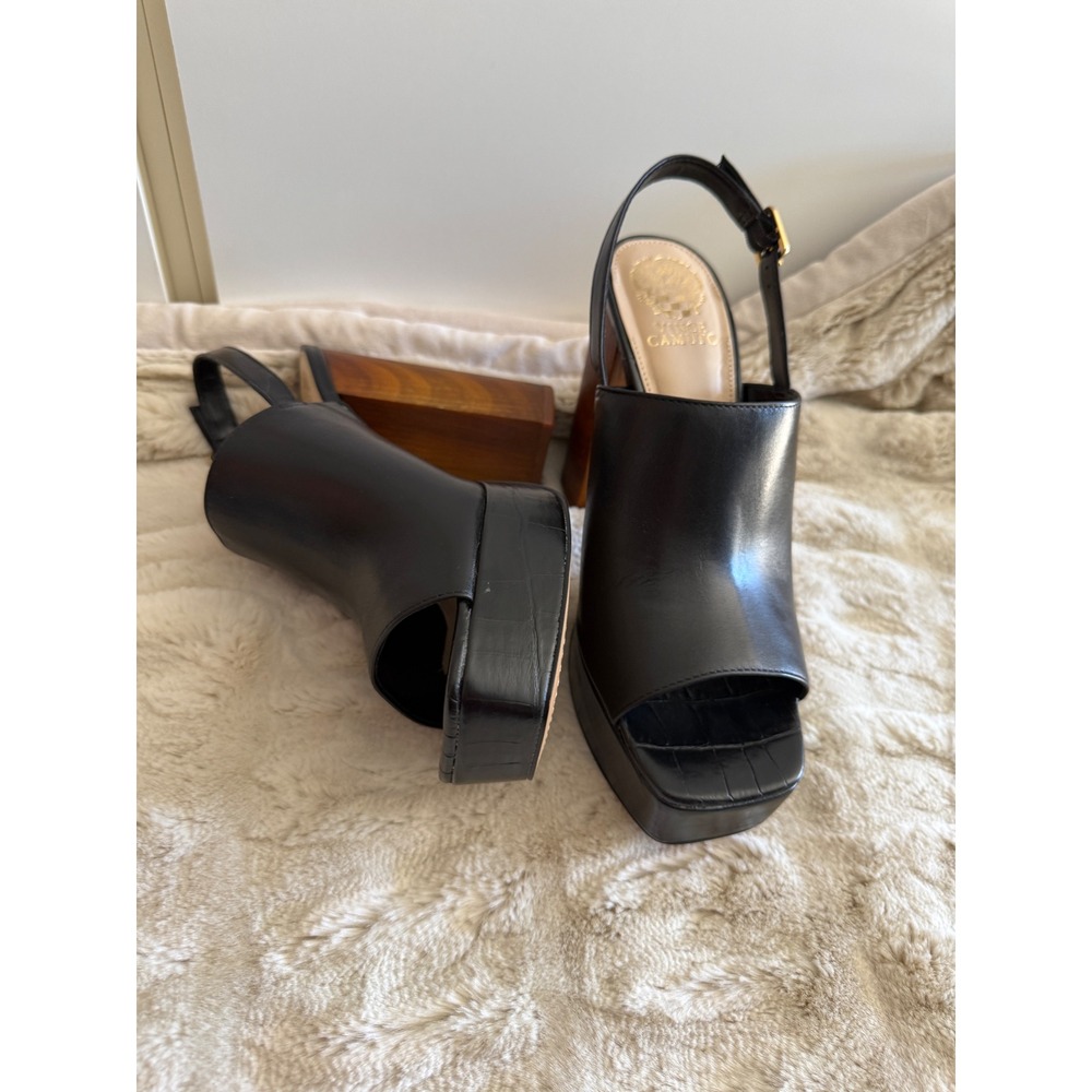 Vince Camuto Black Leather Platform Slingback Wood Block Heel Sandals Square Toe - Picture 5 of 9